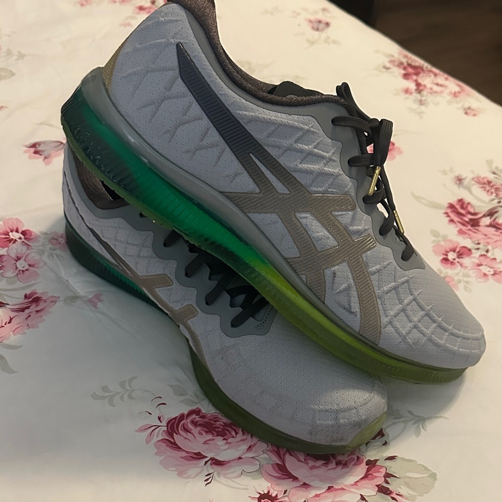 Asics White and Gray Running Shoe with Green Gradient Sole